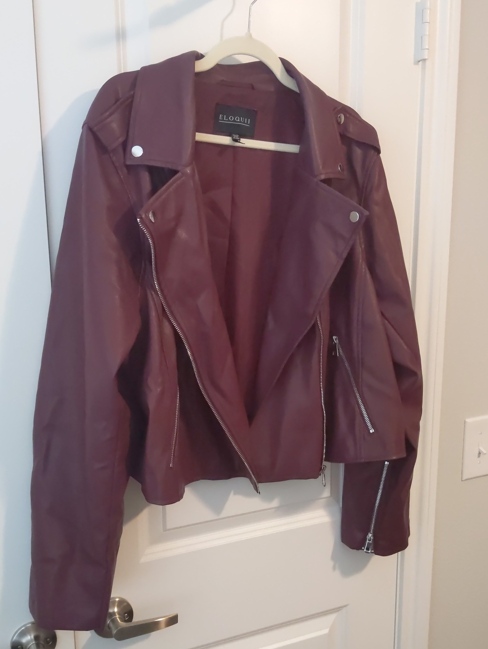 Eloquii Plum Faux Leather Moto Jacket with Silver Hardware